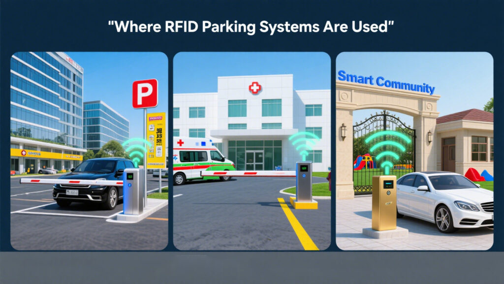  Collage of business lots, hospitals, residential gates using RFID access