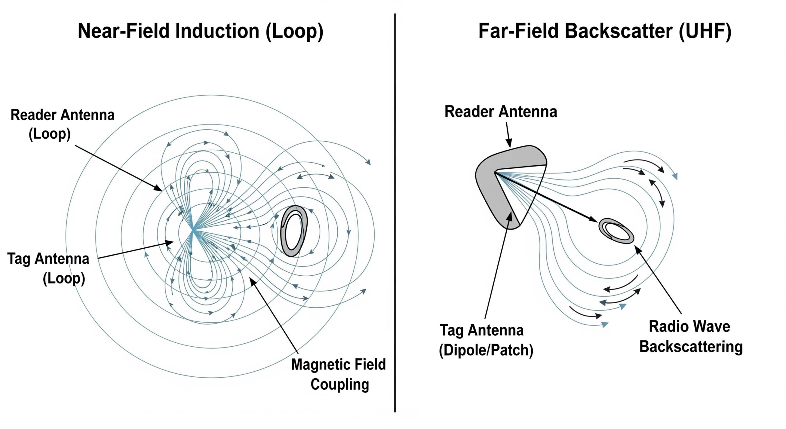 near field induction loop vs far field backscatter UHF side by side with labels scaled