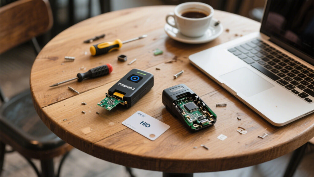Proxmark3 RFID hacking device and dismantled HID card reader shell with tools and coffee cup on a café table — rfid bank card reader security vulnerability demonstration.