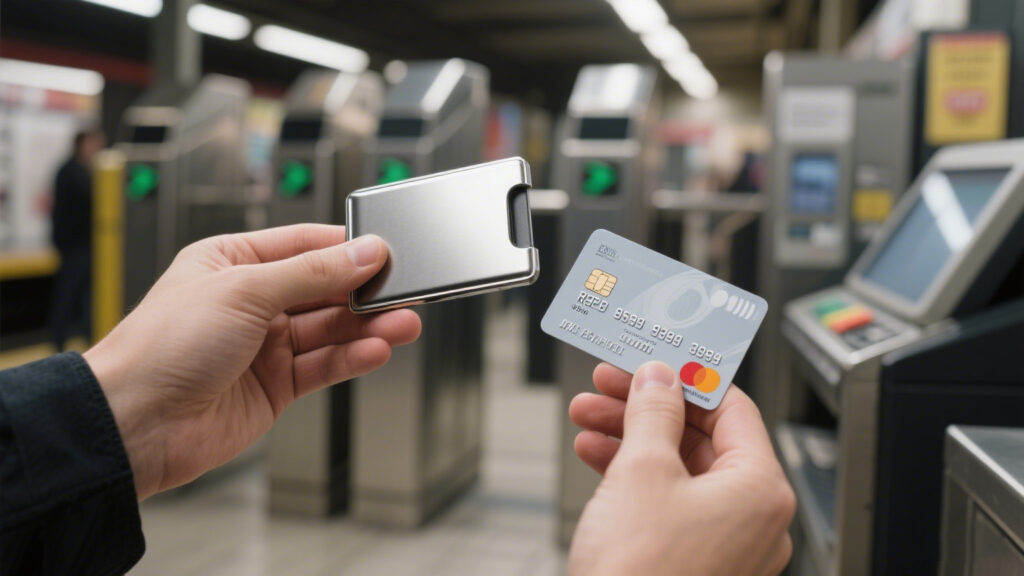 Hand holding metallic RFID-blocking card sleeve next to a regular bank card, blurred subway turnstile background — rfid bank card reader protection accessory.