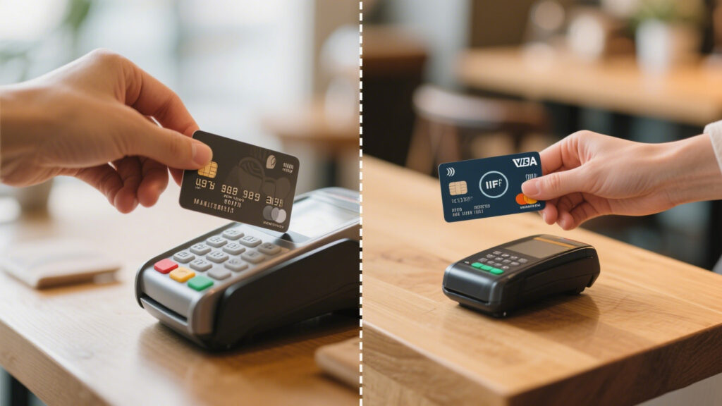 Split-screen comparison of magnetic stripe card swipe (blurred) and RFID contactless bank card tap (clear) in a café environment — rfid bank card reader payment method comparison.