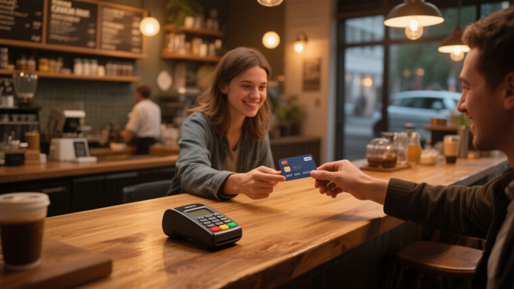 customer paying with contactless RFID bank card reader