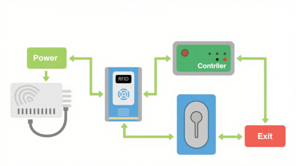 RFID access control system components and basic wiring connections.