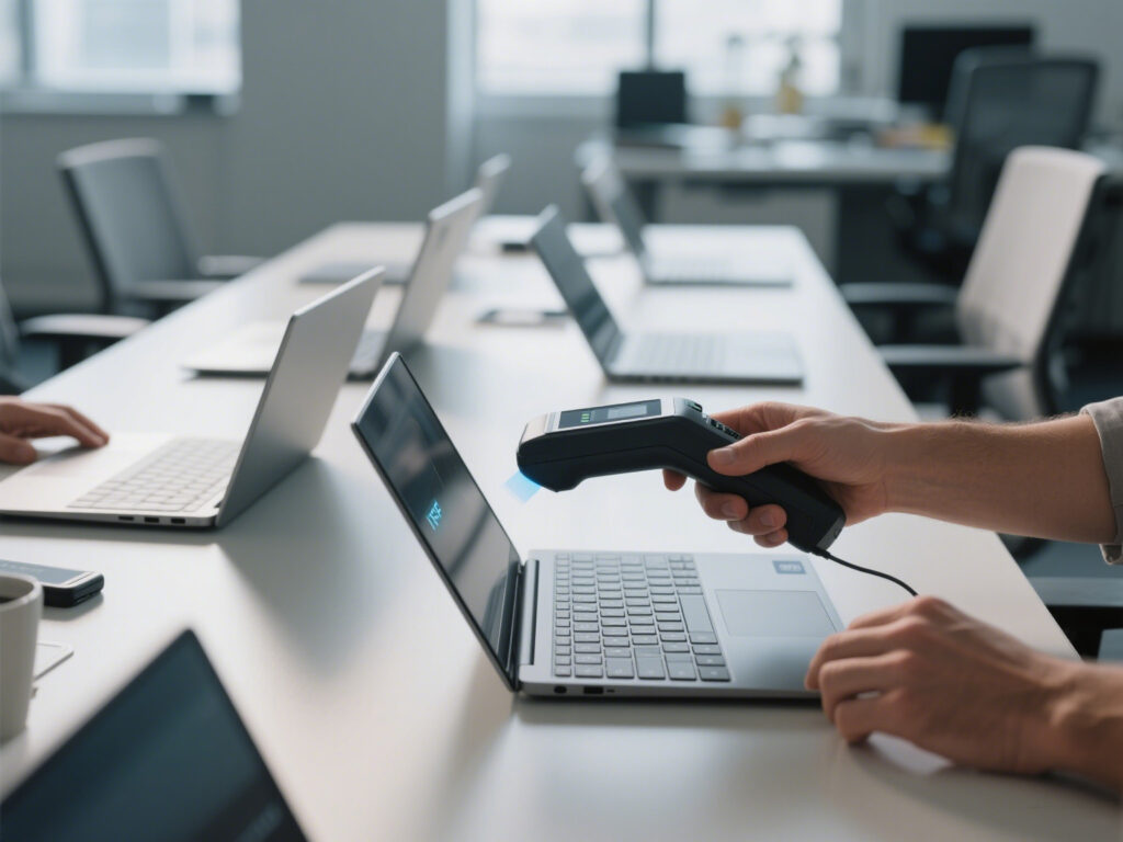 RFID reader scanning laptops in an office, showing how organizations can monitor IT assets—but expect occasional misses.