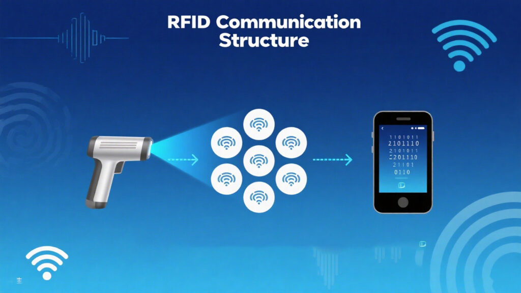 Diagram showing RFID tag, reader, antenna, and Bluetooth-connected device