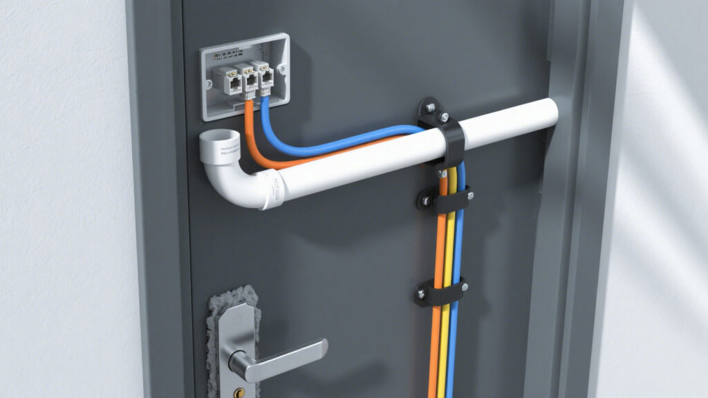 Actual access control wiring setup, showing cable routing and installed devices.