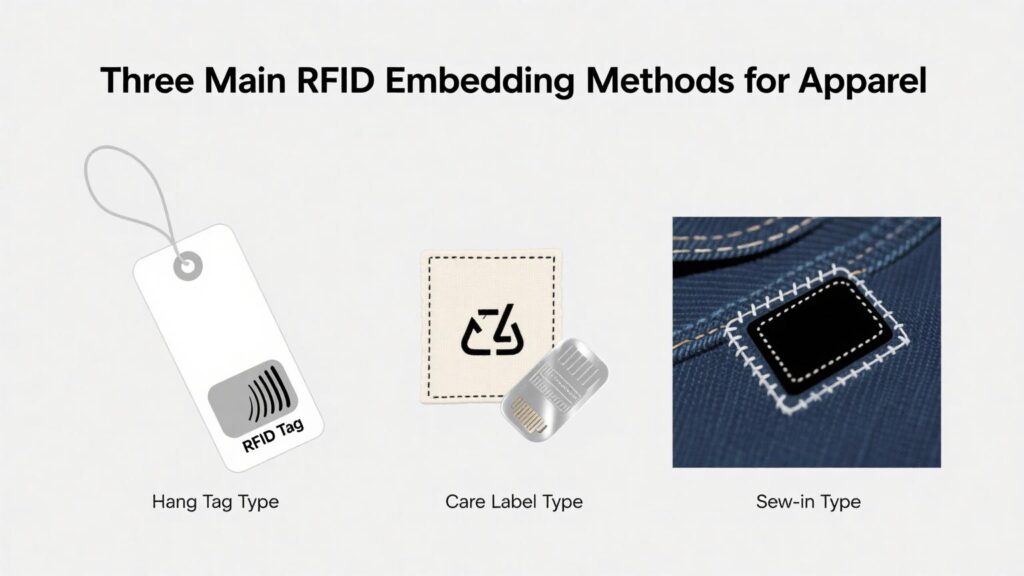 Diagram showing RFID tag embedded in garment hang tags and care labels