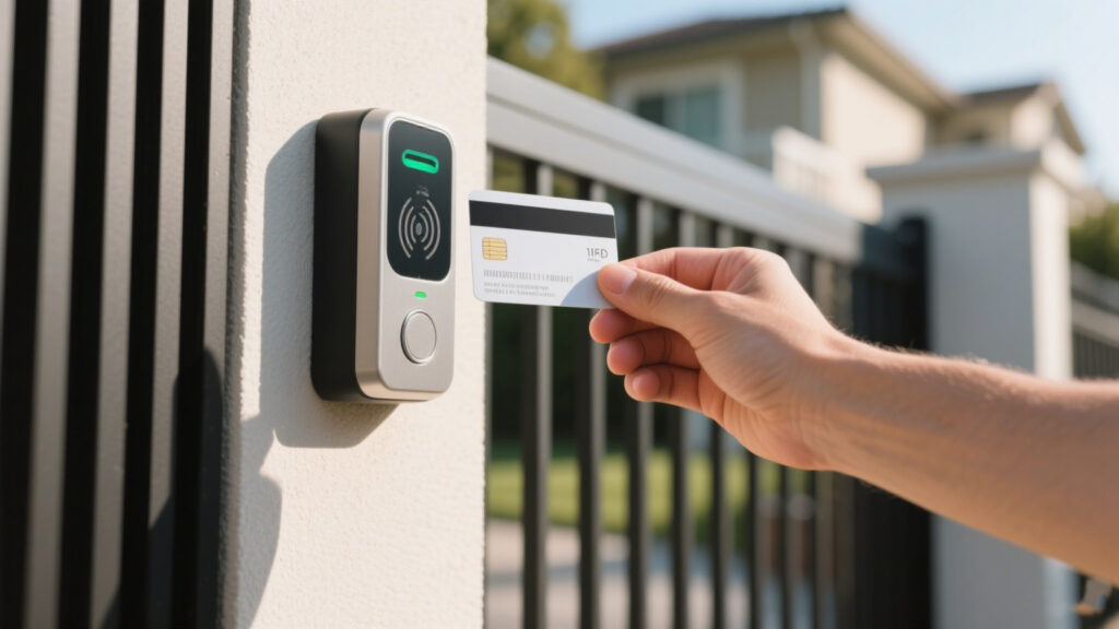 Close-up of a person holding an RFID card near a residential gate reader