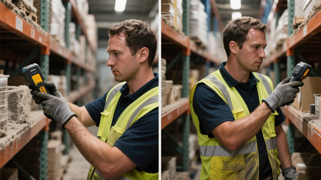 Warehouse staff scanning goods with a handheld UHF RFID reader
