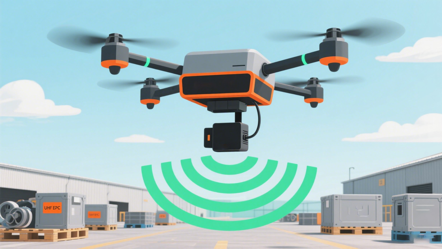 Diagram showing drone flight structure, RFID reading process, and data transmission path from tag to cloud system.


