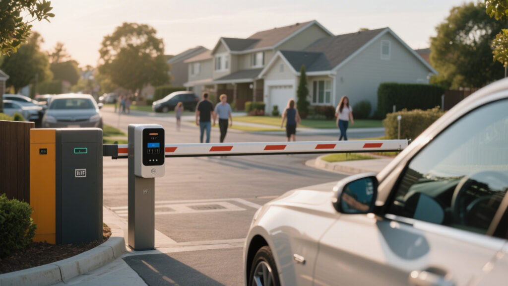 car entering a residential parking area using an RFID gate pass system