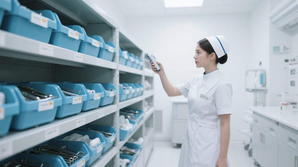 A nurse uses rfid reader to scan surgical instruments tagged with RFID.