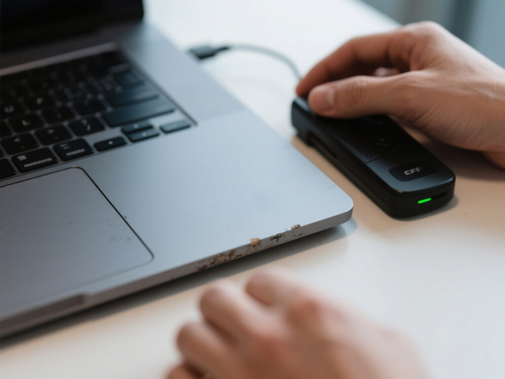 Close-up of an RFID tag on a laptop, showing how RFID helps track enterprise assets—but not perfectly