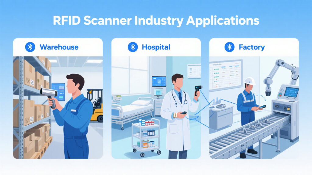Wireless RFID scanners in use at warehouses, hospitals, and factories