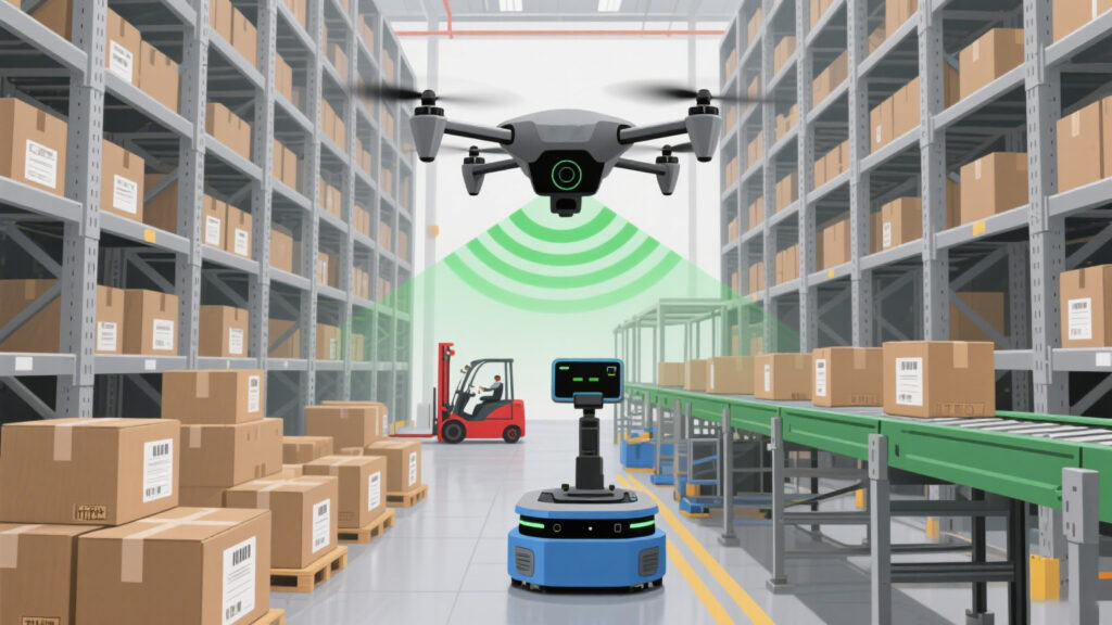 Inventory drones scanning in retail warehouse, logistics center, and nursery
Description: A comparative view of drone inventory applications in various environments.

