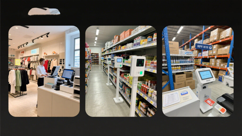 Showcases various RFID applications in clothing stores, supermarkets, and warehouses