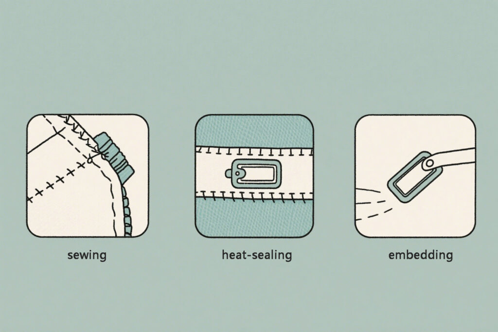 three ways to attach RFID tags to textiles: sewing, heat-sealing, and embedding