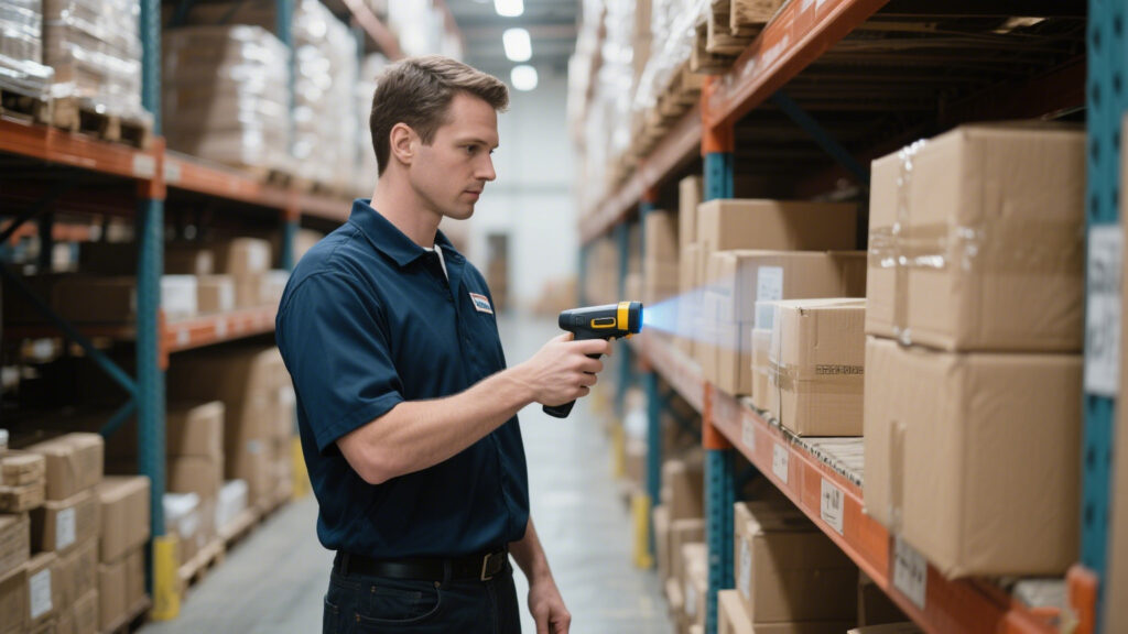  worker walking down a warehouse aisle holding a handheld RFID scanner