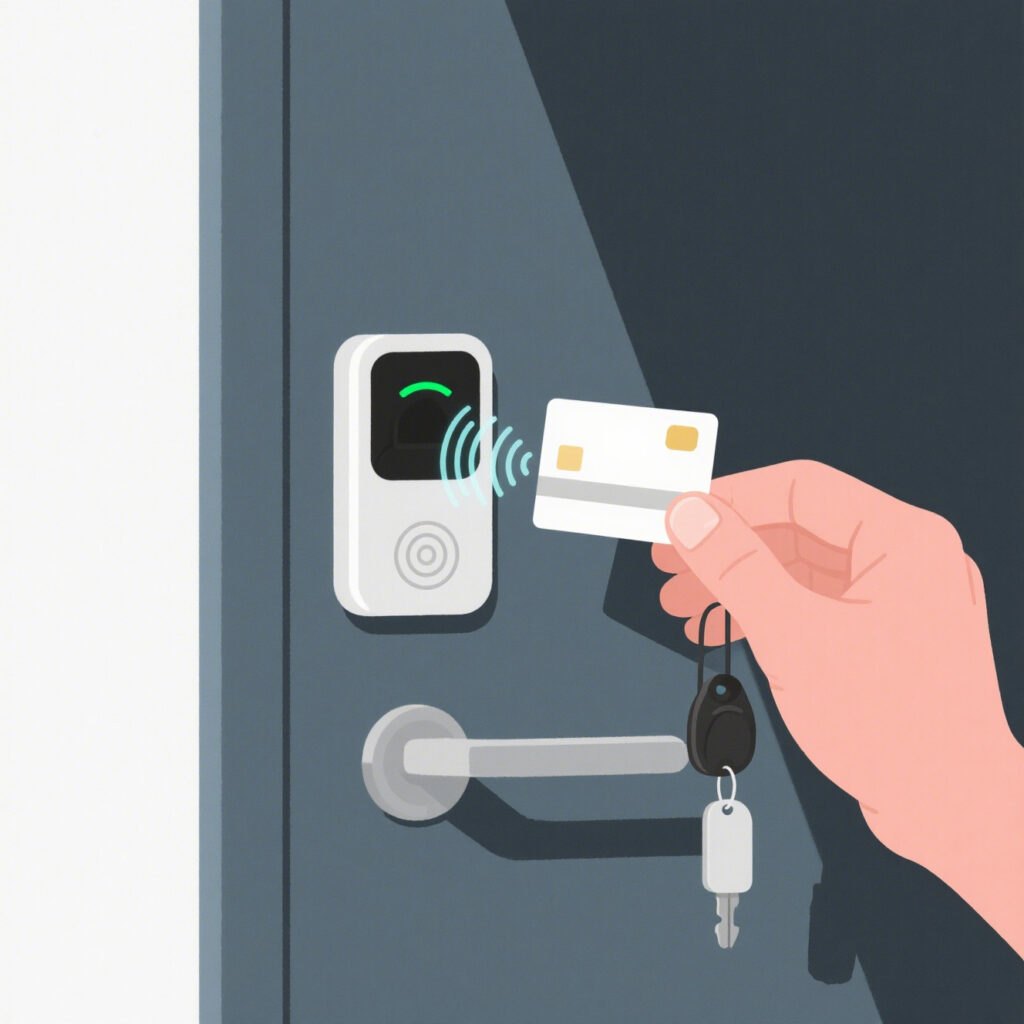 RFID card unlocking a door reader with wireless signal waves