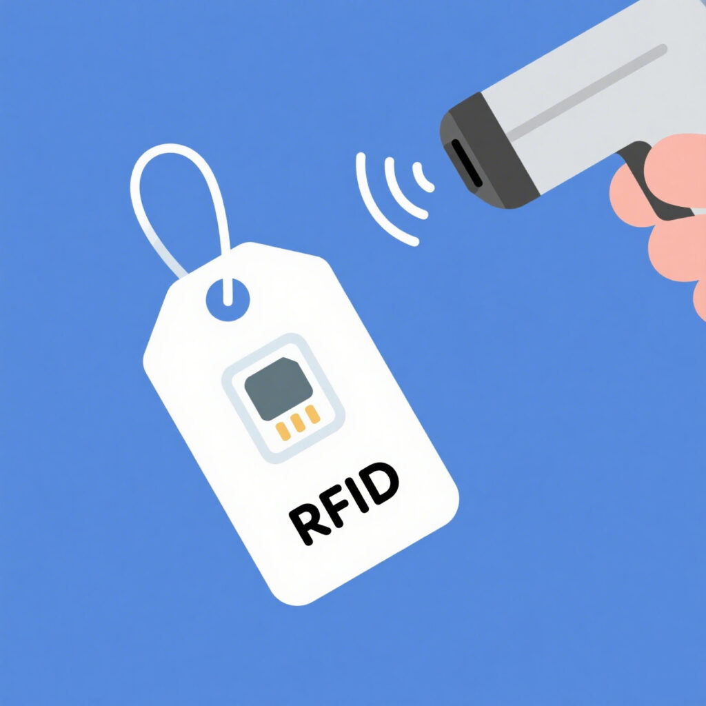 RFID clothing tag showing chip and antenna, scanned by a handheld RFID reader