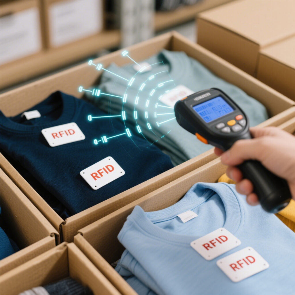 RFID reader scanning multiple tagged items to achieve 99% stock accuracy