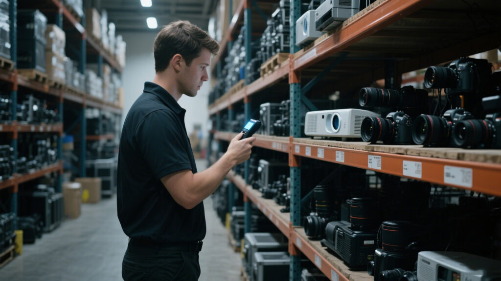 Staff scanning audio-visual equipment with RFID reader in warehouse for accurate asset tracking