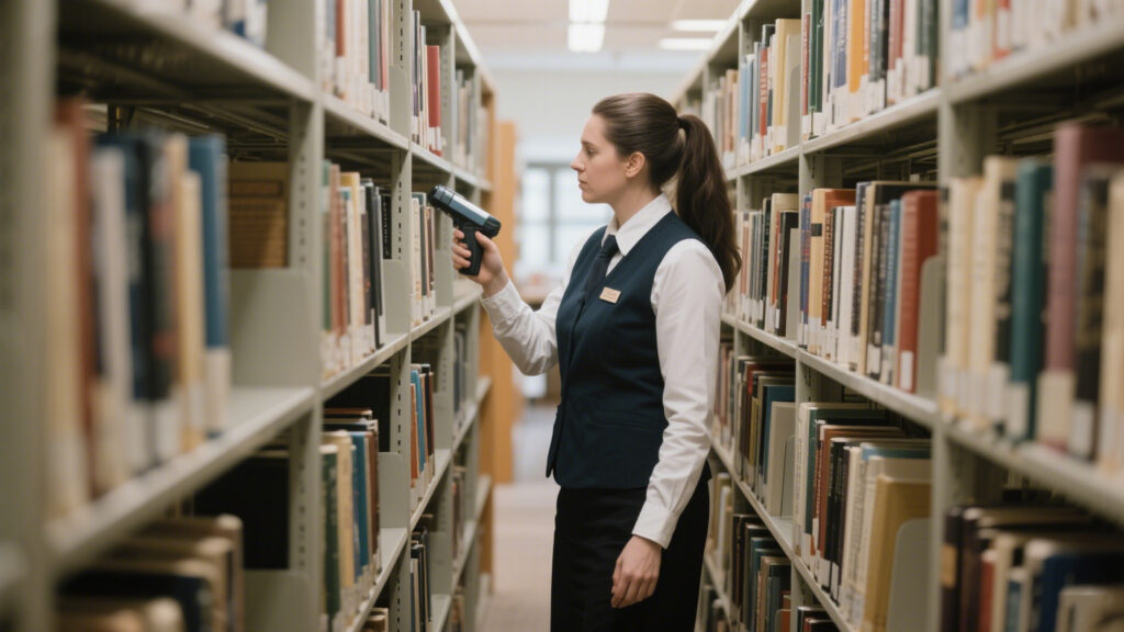 Librarian using handheld RFID scanner for library book inventory.