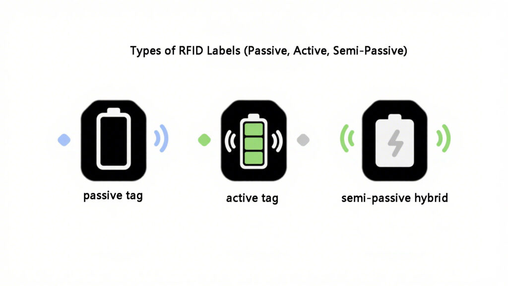 passive RFID labels, active RFID labels with battery, and semi-passive RFID tags.
