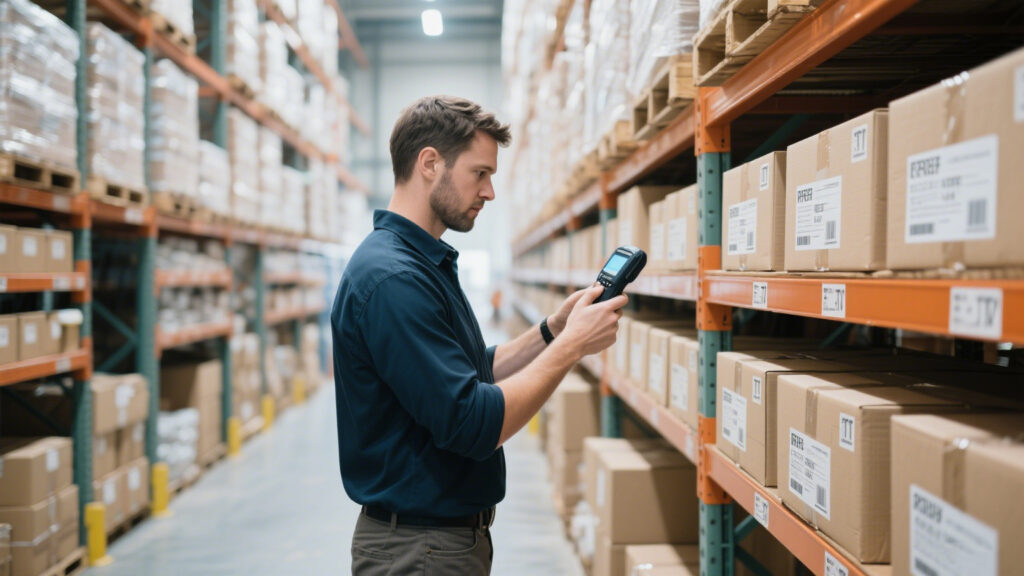 Workers scanning RFID tags in warehouse
