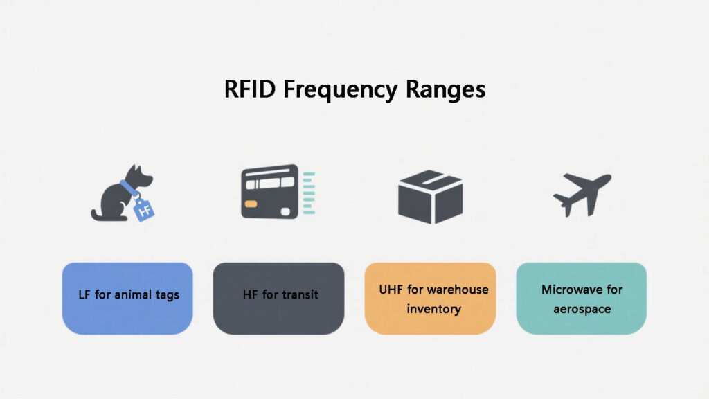 RFID frequency ranges with LF for animal tags, HF for transit cards, UHF for warehouse, and microwave for aerospace.
