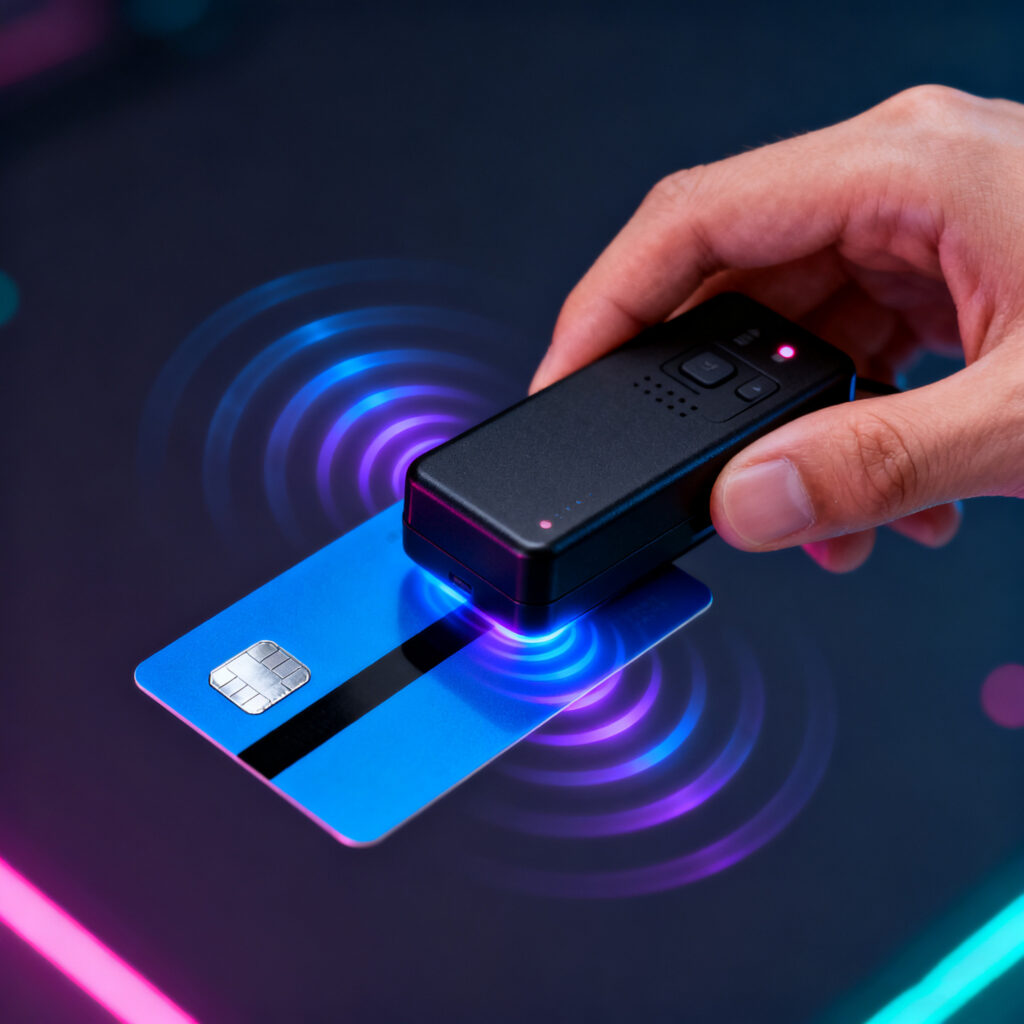 Close-up of a handheld RFID skimmer device