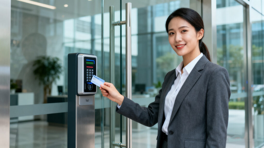 Employee using an RFID card to easily enter the office