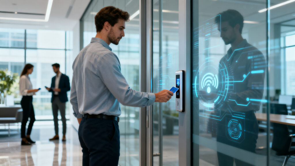 Employees using an RFID card reader at an office entrance