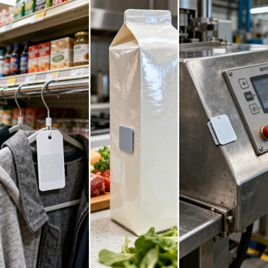 Examples of RFID labels in retail, food, and industrial use