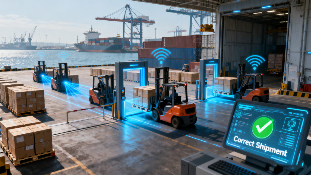 Forklifts moving goods through RFID gates at shipping dock