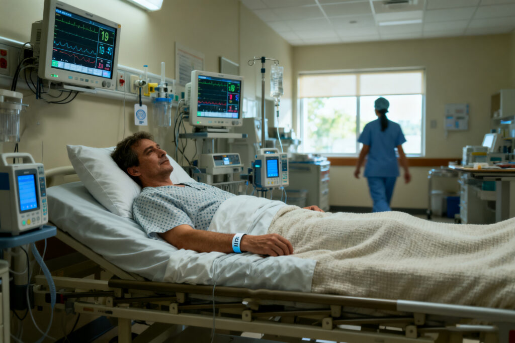 Hospital ward with RFID-tagged equipment and wristbands on patients