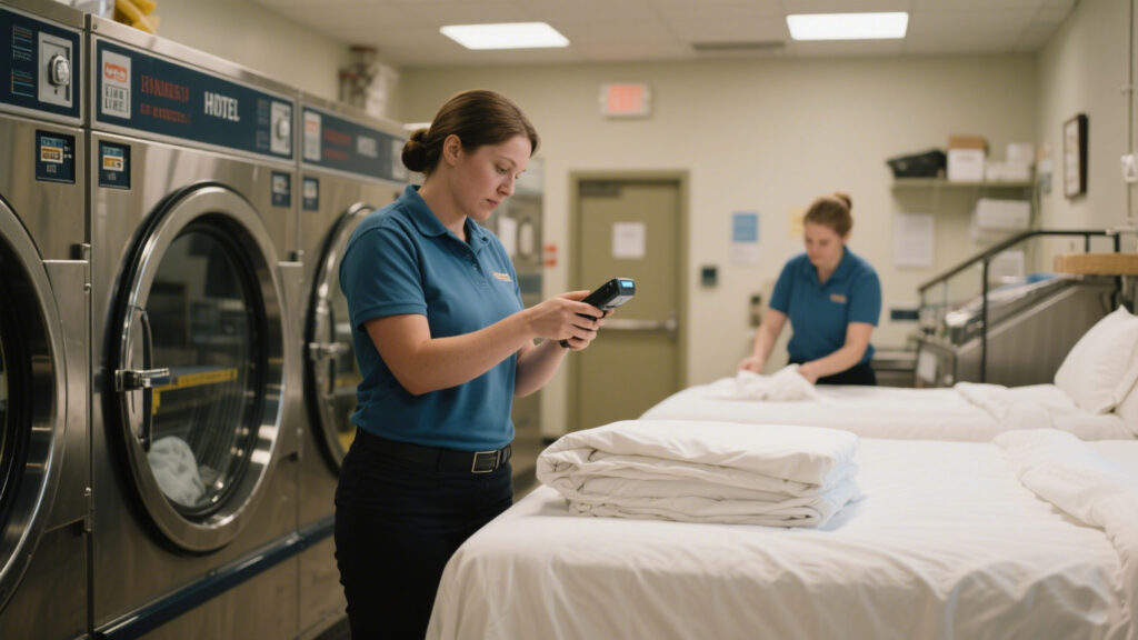 Hotel laundry room with staff scanning bed sheets with handheld RFID reader