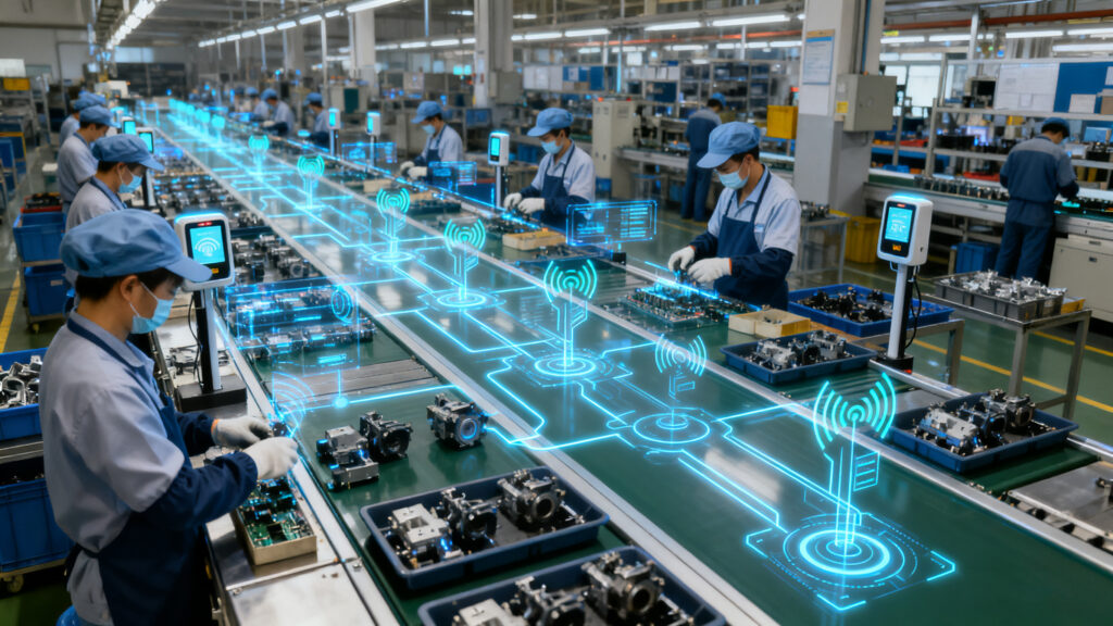 Manufacturing assembly line monitored with RFID