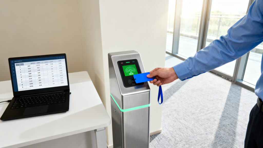 Office environment with employees scanning RFID badges at a smart reader