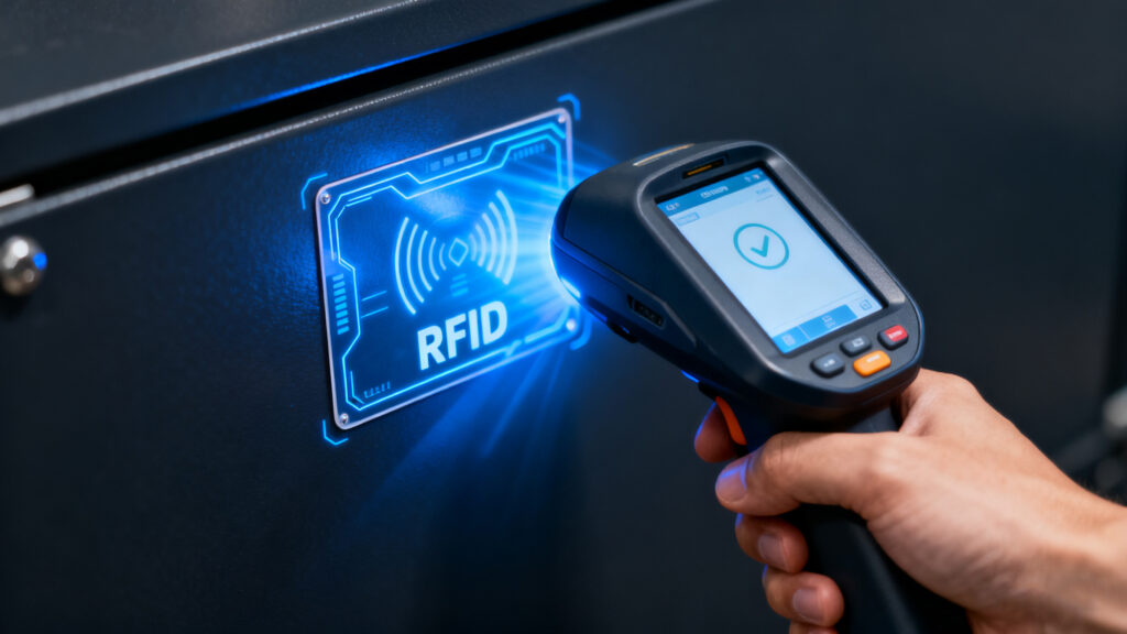 RFID tag being scanned by reader on an asset