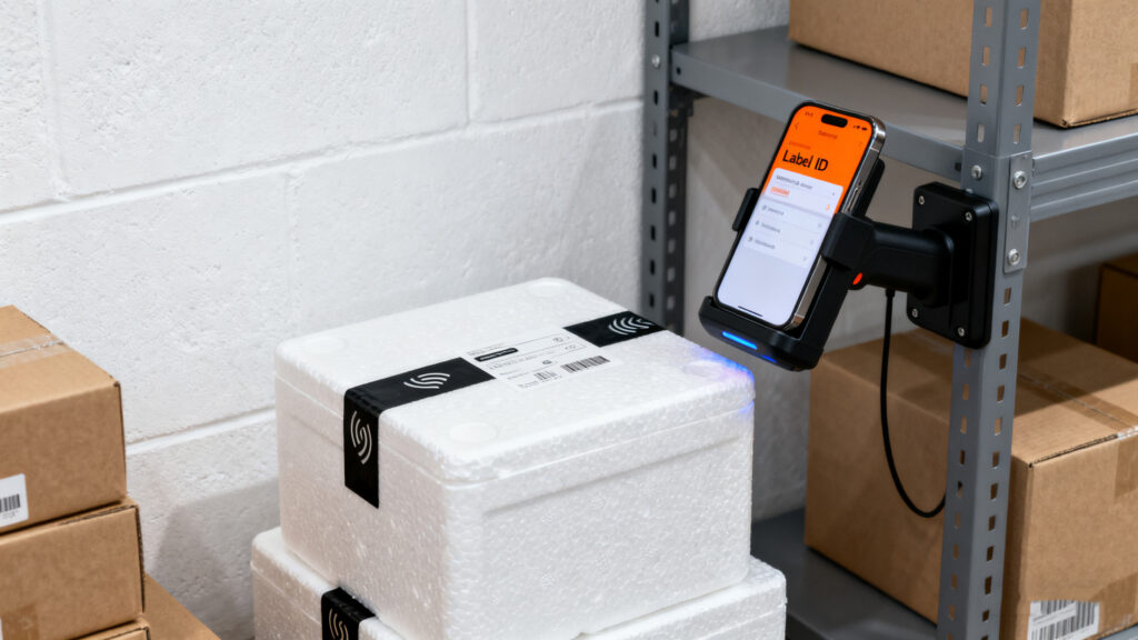Smartphone with RFID sled scanning tagged boxes in warehouse.