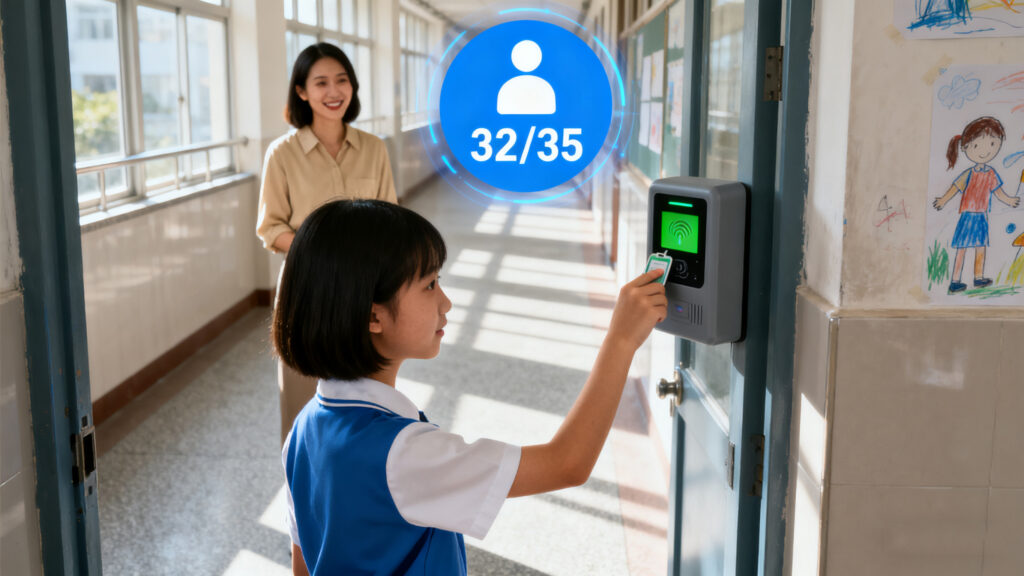 Students scanning RFID cards at the entrance