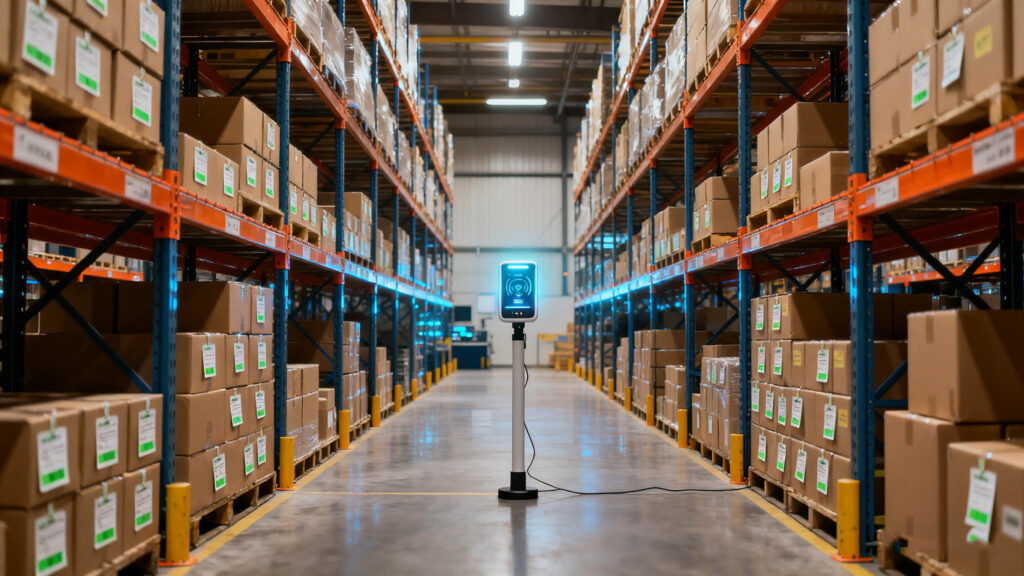 Warehouse shelves with RFID-tagged products being scanned