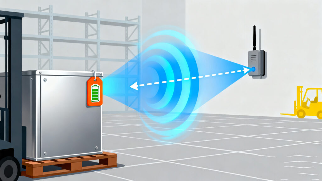 active RFID tags broadcasting signals to a reader across long distances in a warehouse