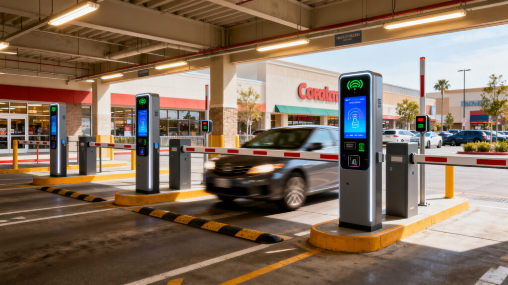 mall parking lot with multiple RFID barrier gates