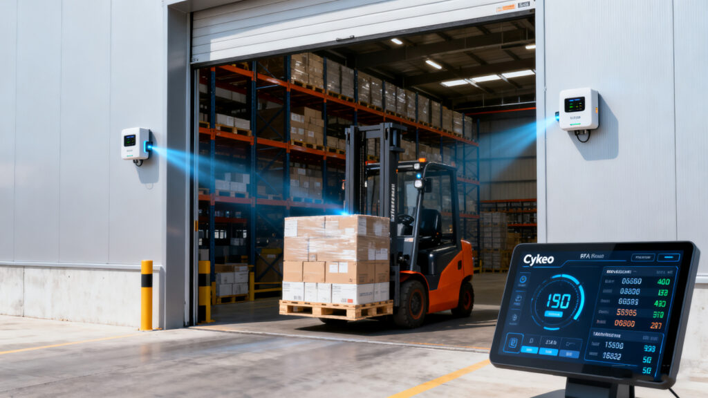 modern warehouse gate with Cykeo RFID readers scanning