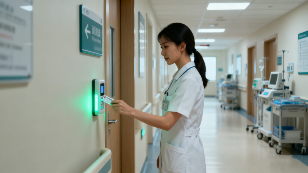 nurse scanning an RFID access card in a hospital corridor