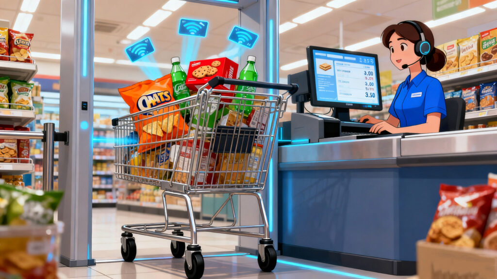 shopping cart passing through an RFID gate with multiple product tags being scanned at once
