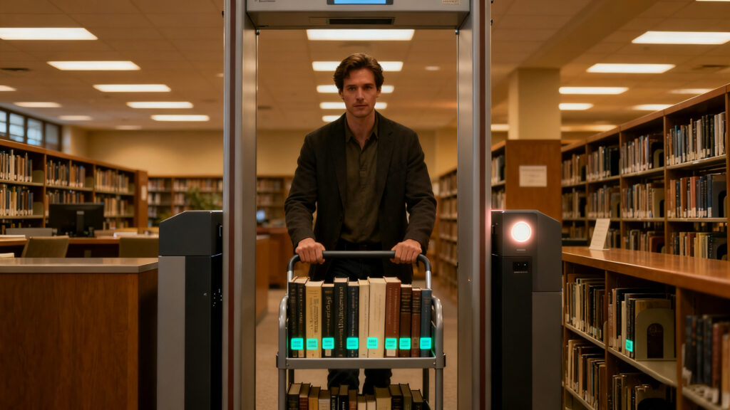 walking through an RFID security gate in a library
