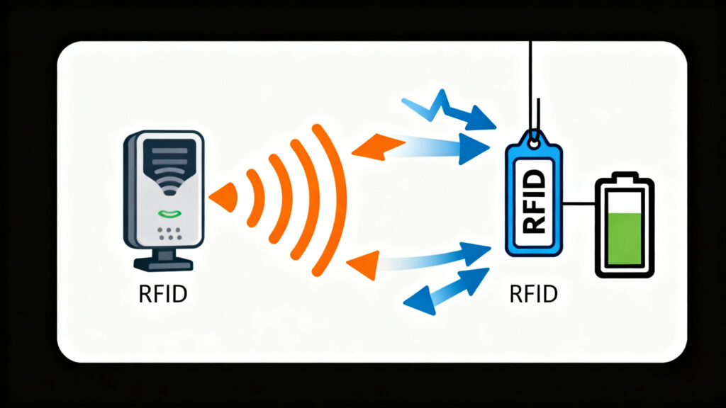 RFID reader sends out radio waves, the passive tag receives energy and reflects data back